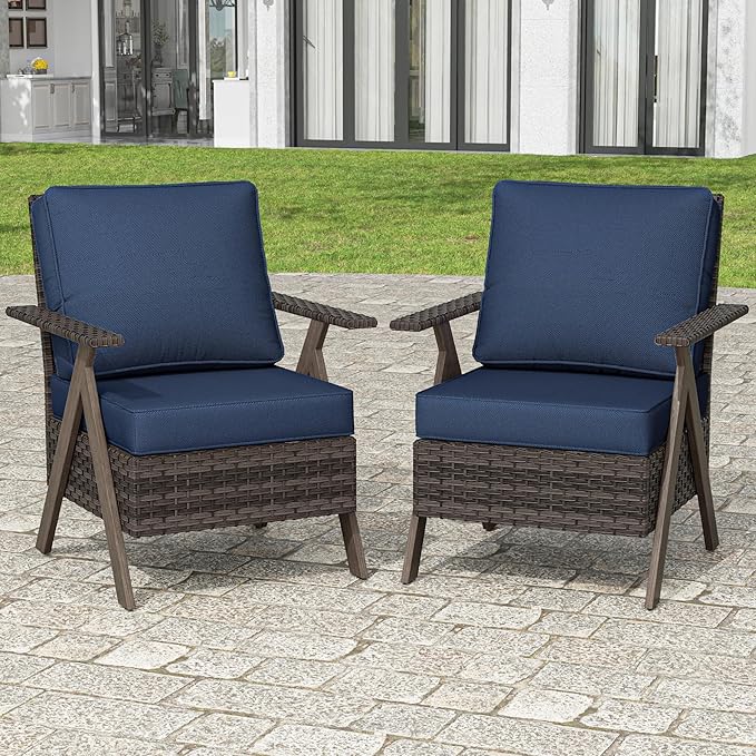 Outdoor Wicker Patio Chairs Set of 2, PE Rattan Patio Dining Chairs with Metal Frame and Deep Seating
