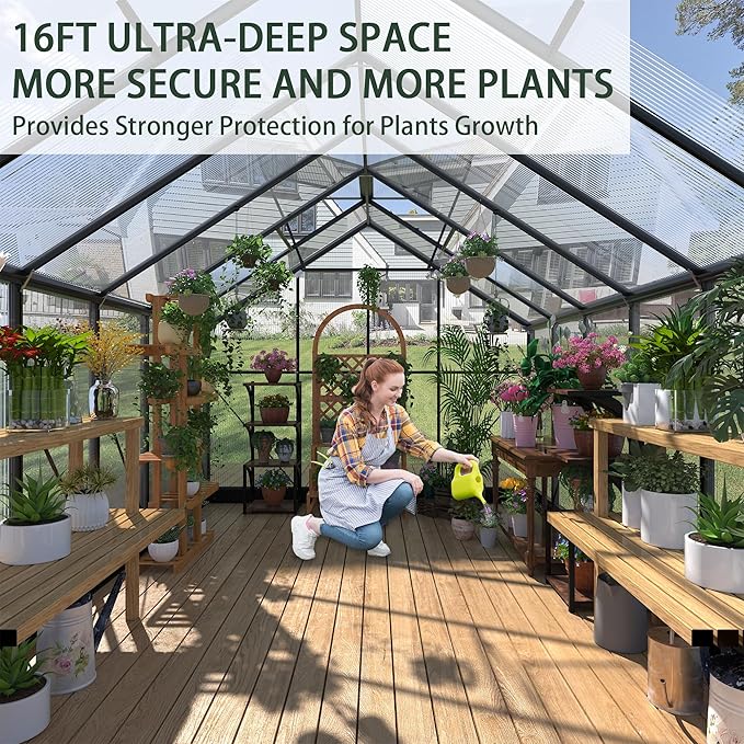 Greenhouses for Outdoors, 8x16 FT Polycarbonate Greenhouses with 4 Adjustable Roof Vents, Walk-in Aluminum Frame Green Houses for Outside with Sliding Doors Windproof, Garden