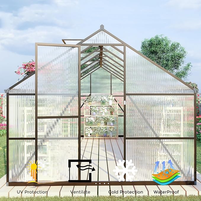 CQZY 8x10 FT Greenhouse for Outdoors, Polycarbonate Greenhouse with Quick Setup Structure and Roof Vent, Aluminum Large Walk-in Green House for Outside Garden Backyard,Dark Gray