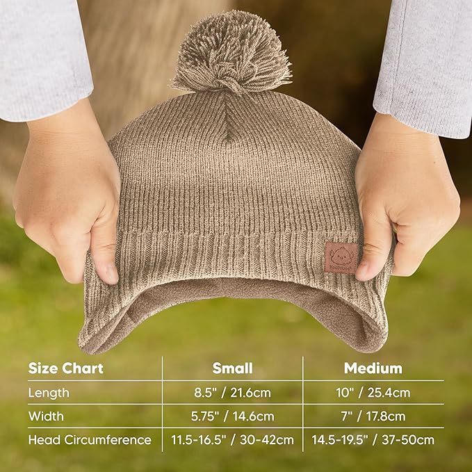 Baby Beanies, Baby Hats for Boys, Girls - Cute Toddler Winter Hat, Soft & Stretchy Beanies for Infant, Newborn 0-6 Months, Cozy & Warm with Earflap Muff & Pom (Taupe, S)