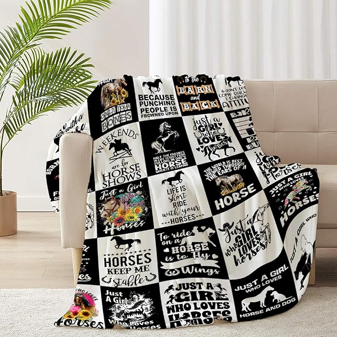 Horse Blanket for Boys Girls, Black White Kids Throw Blanket Gift for Child, Fluffy Cozy Soft Lightweight Blankets for Bed Office, 40x50 Inches