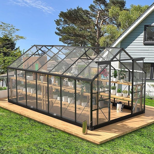 Greenhouses for Outdoors, 8x14.2 FT Polycarbonate Greenhouses with Adjustable Roof Vent, Aluminum Frame Green Houses for Garden with Sliding Doors, Windproof (8x14.2FT)