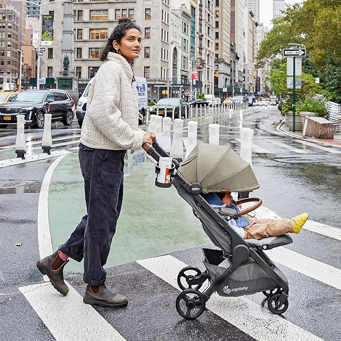Ergobaby Metro+ Deluxe Compact Baby Stroller, Lightweight Umbrella Stroller Folds Down for Overhead Airplane Storage (Carries up to 50 lbs), Car Seat Compatible, Empire State Green