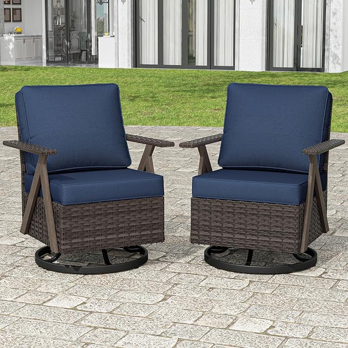 Outdoor Wicker Swivel Chairs Set of 2, Patio Furniture Set with 360 Degree Wicker Swivel Rocking Chairs with Metal Frame and Deep Seating