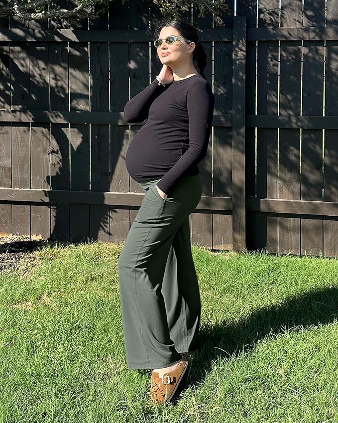 G4Free Maternity Pants Over The Belly Yoga Dress Work Pregnancy Pants Stretchy Lounge Wide Leg Trousers with Pockets