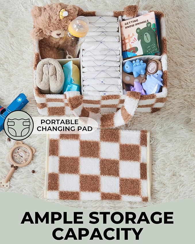 Checkered Diaper Caddy Organizer with Portable Changing Mat - Teddy Fleece Diaper Organizer for Changing Table - Caddy Organizer with Removable Dividers - Light Taupe and White