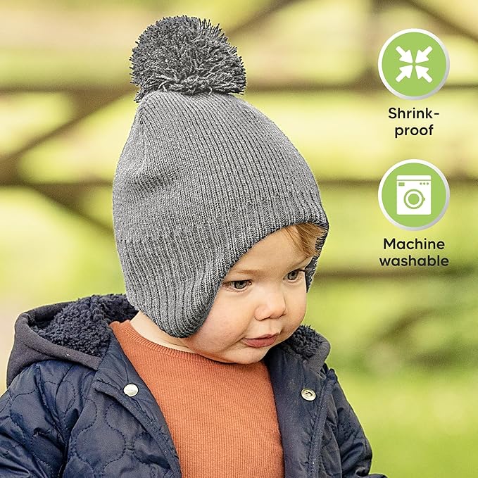 Baby Beanies, Baby Hats for Boys, Girls - Cute Toddler Winter Hat, Soft & Stretchy Beanies for Infant, Newborn 0-6 Months, Cozy & Warm with Earflap Muff & Pom (Gray, S)
