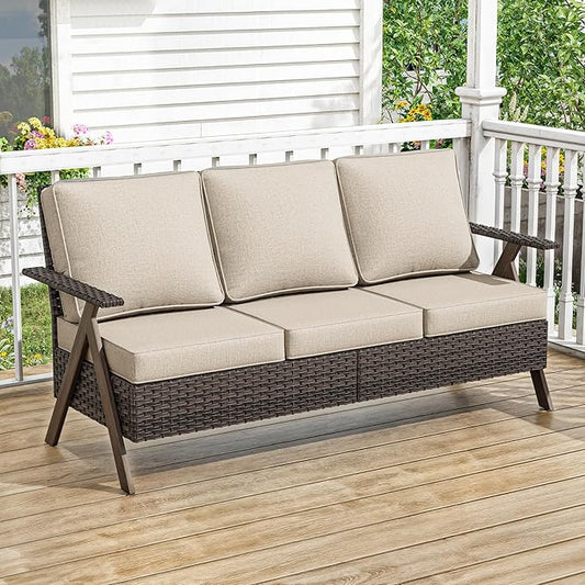 Wicker Outdoor Couch, Patio Furniture Sofa, 3-Seat All Weather Metal Patio Couch with Thick and Soft Cushion, Outdoor Sofa for Balcony, Porch