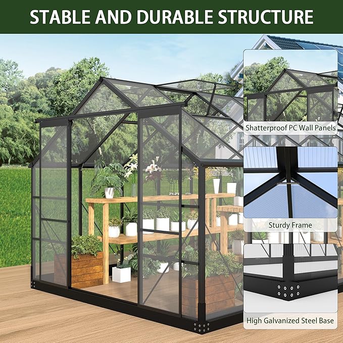 Greenhouses for Outdoors, 8x14.2 FT Polycarbonate Greenhouses with Adjustable Roof Vent, Aluminum Frame Green Houses for Garden with Sliding Doors, Windproof (8x14.2FT)