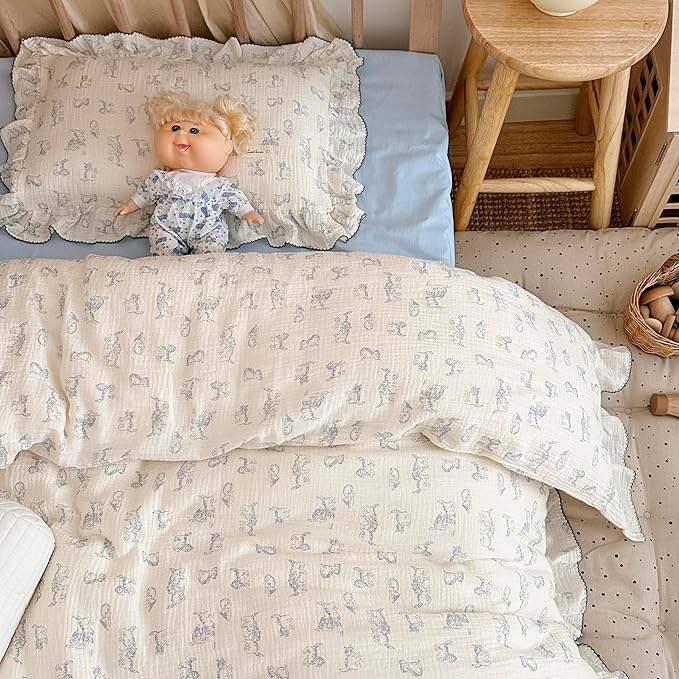 AOJIM Cotton Muslin Kids Pillowcase with Cute Cat Patterns, Super Soft Crib Nursery Pillowcase 1PC for Boys Girls, Ruffled Edges Toddler Bedding for Room Decor, Machine Washable, 14x20 Inches