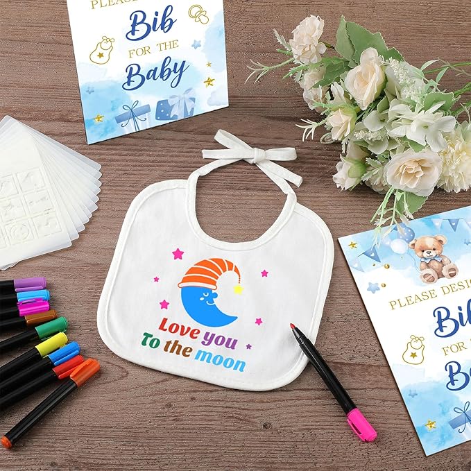 Newwiee 55 Pcs White Bibs for Baby Decorating Design a Bib Decorate Plain newborns Bibs Wooden Sign for Baby Shower Games Kit