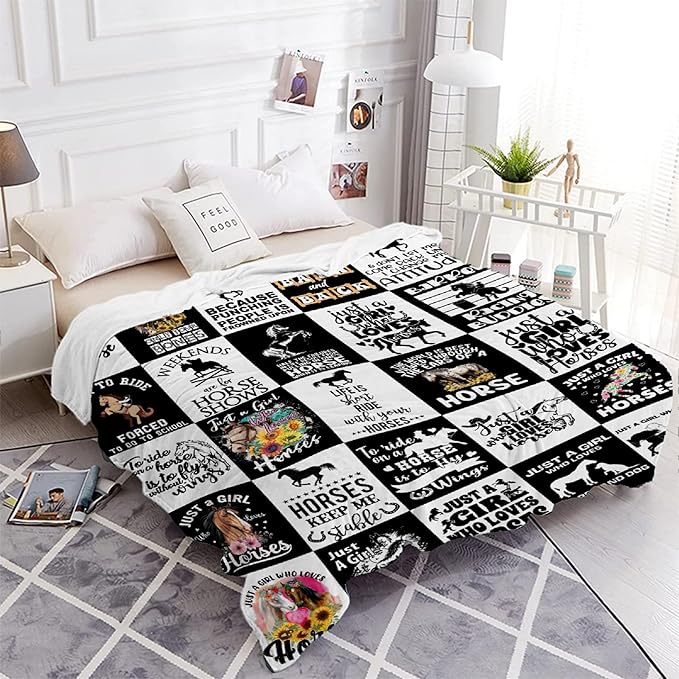 Horse Blanket for Adults,Black White Throw Blanket for Girls Boys Lightweight Animals Soft Cozy Flannel Blanket for Kids 90 * 120 Inches