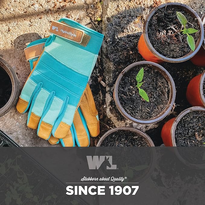 Wells Lamont Women's HydraHyde Leather Hybrid Gloves – Water-Resistant, Durable Cowhide Palm, Spandex Stretch Back – Ideal Landscaping/Farming/Gardening Gloves – Adjustable Wrist – Large, Blue (3250L)