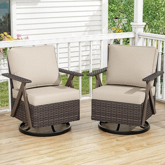 Outdoor Wicker Swivel Chairs Set of 2, Patio Furniture Set with 360 Degree Wicker Swivel Rocking Chairs with Metal Frame and Deep Seating