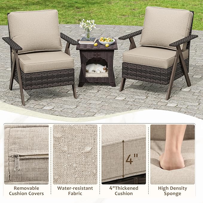 Patio Porch Furniture Chairs Set, 3 Pieces PE Rattan Wicker Chairs with Side Table, Outdoor Garden Furniture Sets for Garden Backyard Porch Poolside
