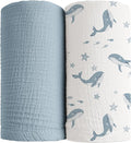 Konssy 2 Pack Muslin Swaddle Blankets, 100% Cotton Receiving Blanket Large 47 x 47 inches for Baby Boys Girls, Soft Breathable Muslin Baby Blanket for Newborn (Blue Whale,Blue)