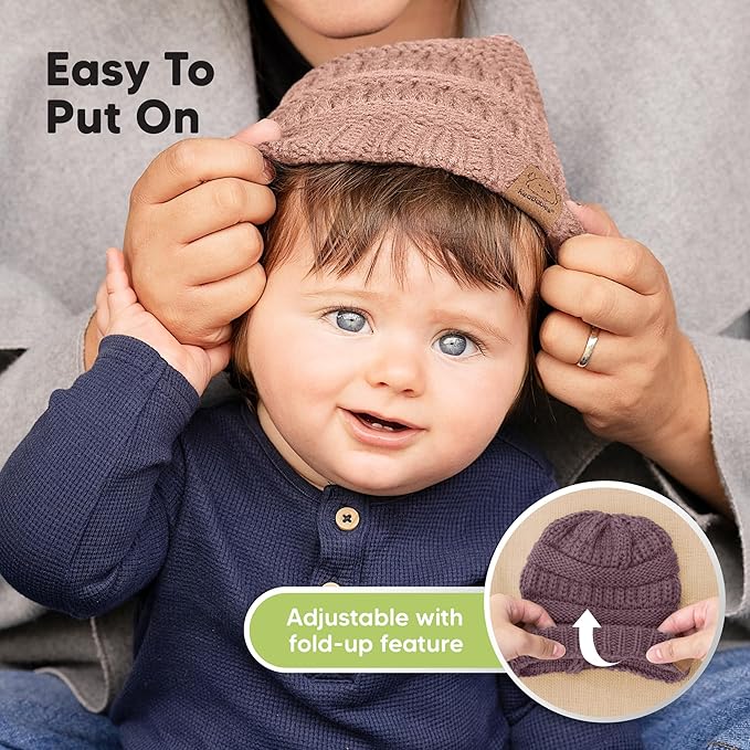 3-Pack Baby Beanies for Boys, Girls - Stretchy Knit Baby Hats, Cute Newborn & Toddler Winter Hat, Soft & Warm Infant Beanie 6-36 Months (Dune, M)