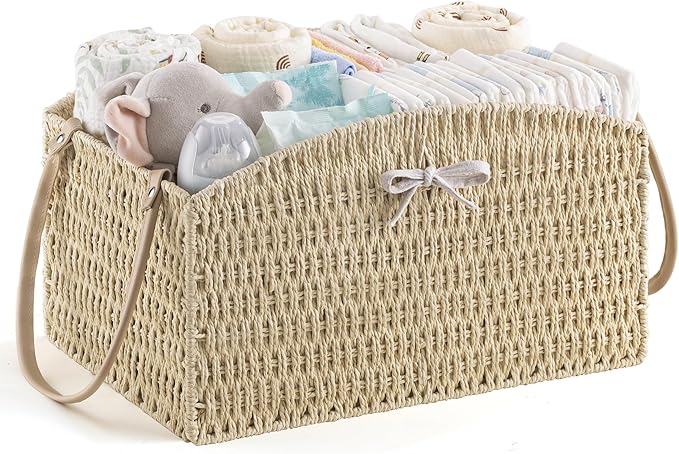 HBlife Diaper Caddy Organizer, Large Hand-Woven Storage Basket for Diapers & Baby Essentials - Elegant Curved Design, Ideal Gift for Baby Shower & Registry Must-Have