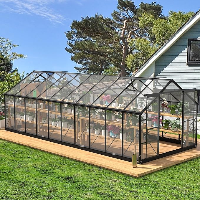 Greenhouses for Outdoors, 8x20 FT Polycarbonate Greenhouses with 4 Adjustable Roof Vents, Walk-in Aluminum Frame Green Houses for Outside with Sliding Doors Fit for Garden, Windproof (8x20FT)