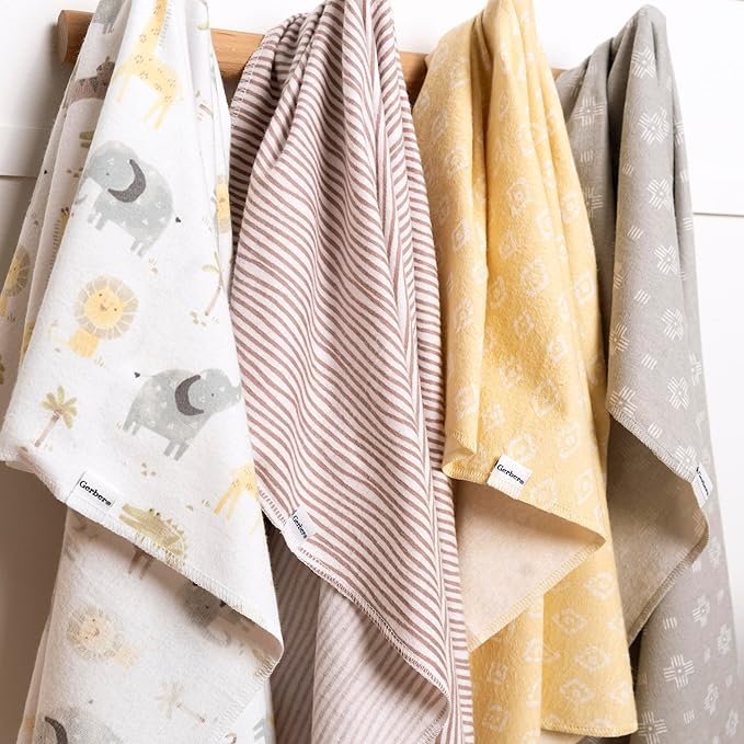 Gerber Unisex Baby 100% Cotton Flannel Receiving Blankets 30x30 Inches (Pack of 4), Animals + Geos Neutral, One Size
