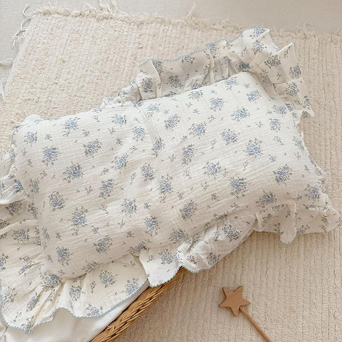 BuLuTu Cotton Muslin Toddler Pillowcases with Blue Flowers Print Soft Breathable Gauze Small Pillow Case for Toddler Boys Girls Nursery Decor, Shower Gift, 14"x20", 1 pc