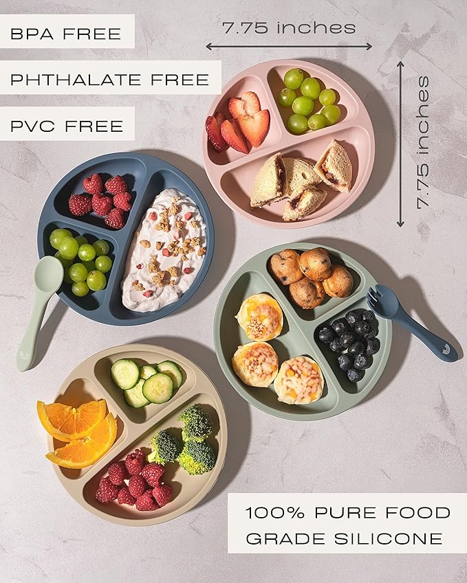 Hippypotamus Toddler Plates with Suction - 100% Food-Grade Silicone Baby Plates with Lids - Microwave & Dishwasher Safe - BPA Free - Set of 3 (Sage/Blush/Nude with LIDS)