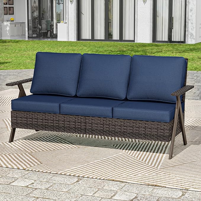 Outdoor Patio Sofa, 3 Seater Rattan Sofa for Outside, All-Weather Wicker Outdoor Sofa Couch with Metal Frame for Deck, Lawn