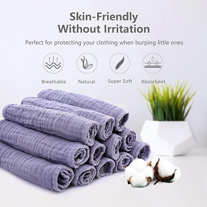 SWEET DOLPHIN 12 Pack Muslin Burp Cloths Large 100% Cotton Hand Washcloths for Baby - Baby Essentials Extra Absorbent and Soft Boys & Girls Milk Spit Up Rags for Newborn Registry - Grey, 20" X10"