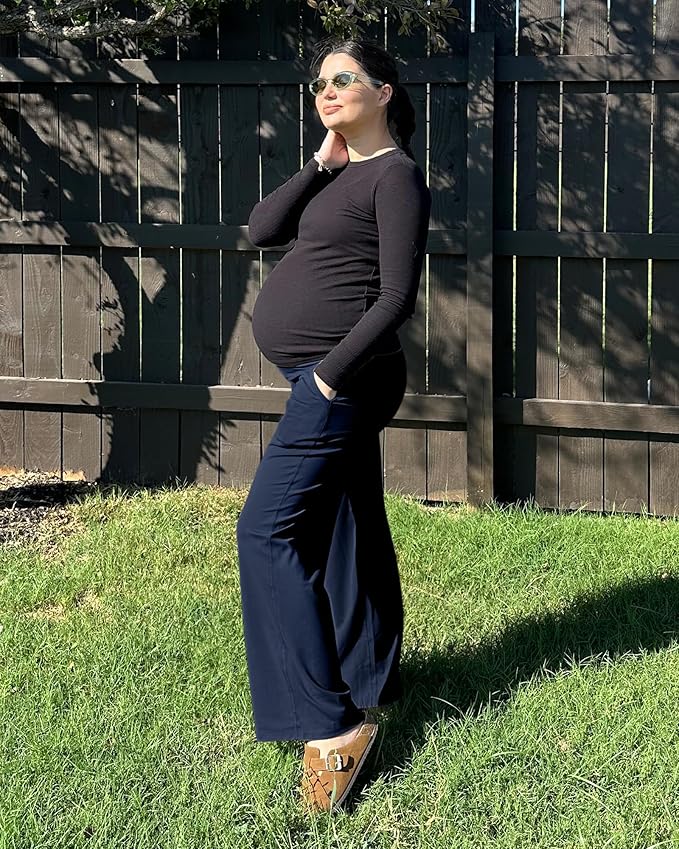 G4Free Maternity Pants Over The Belly Yoga Dress Work Pregnancy Pants Stretchy Lounge Wide Leg Trousers with Pockets