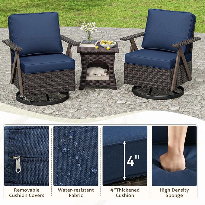 Outdoor Swivel Rocker Chairs, 3 Pieces Wicker Swivel Patio Chair with Rattan Side Table, Patio Furniture Set for Outside Porch Deck