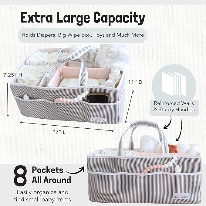 Lily Miles Baby Diaper Caddy - Organizer Tote Bag for Baby Girl Essentials - Baby Shower Basket - Nursery Must Haves - Registry Favorites - Newborn Caddie Car Travel - Gray/Blush, Extra Large