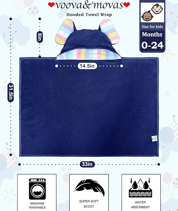 VOOVA & MOVAS Thick Baby Hooded Bath Towel - 100% Cotton,500GSM, 33x31.5 Inches,0-2Years, Super Absorbent Large Towel with Cute Elephant Ears Hood for Newborn, Baby, Infant, Baby Essentials,Navy