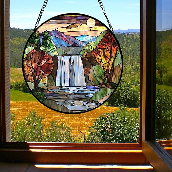 Stained Glass Window Hanging, Abstract Landscape Waterfall Mountains Trees Suncatcher for Doors Window Home Sun Catchers Decor Mother's Day Birthday Gifts for Women Men Mom 7.8 in