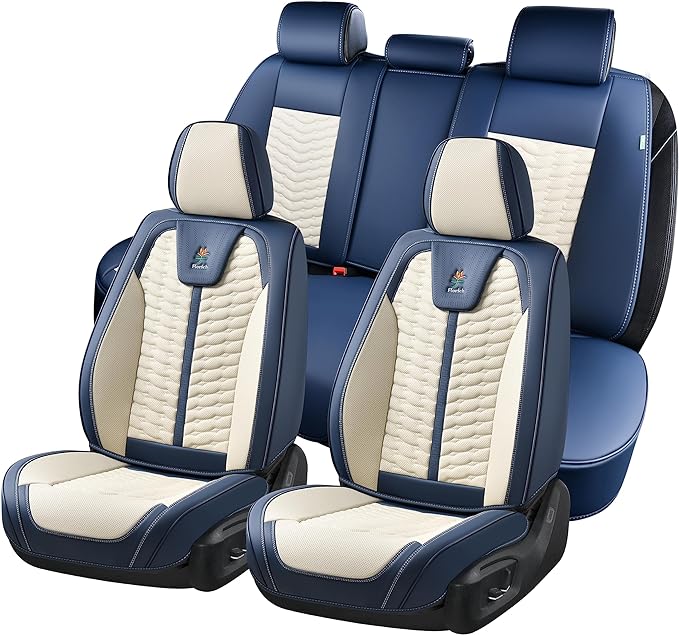 FLORICH Seat Covers for Cars, Seat Covers Full Set 5 Seats, Waterproof Leather Car Seat Covers, Front and Rear Seat Covers, Universal Seat Protector Accessories for Most Vehicles-Blue&White