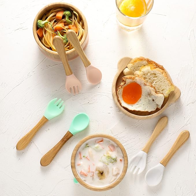 Baby Bowls with Lid,HBM Bamboo Suction Bowls for Baby and Spoon Set,3PC Feeding Supplies Set for Infant, Toddlers,Detachable Silicone Suction Stay Put Base for Wooden Bowl (Pink)