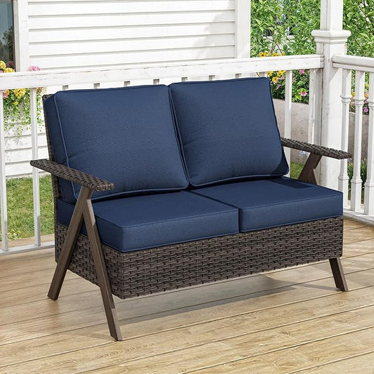 Patio Outdoor Wicker Loveseat, 2-Seat Sofa with Soft Cushion, All-Weather Outdoor Couch Patio Furniture for Balcony, Poolside, Backyard, Porch