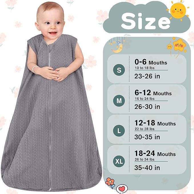 Baby Sleep Sack 18-24 Months, Baby Wearable Blanket 100% Acrylic knit 2-Way Zipper Toddler Sleeping Sack TOG 0.5 (Grey)