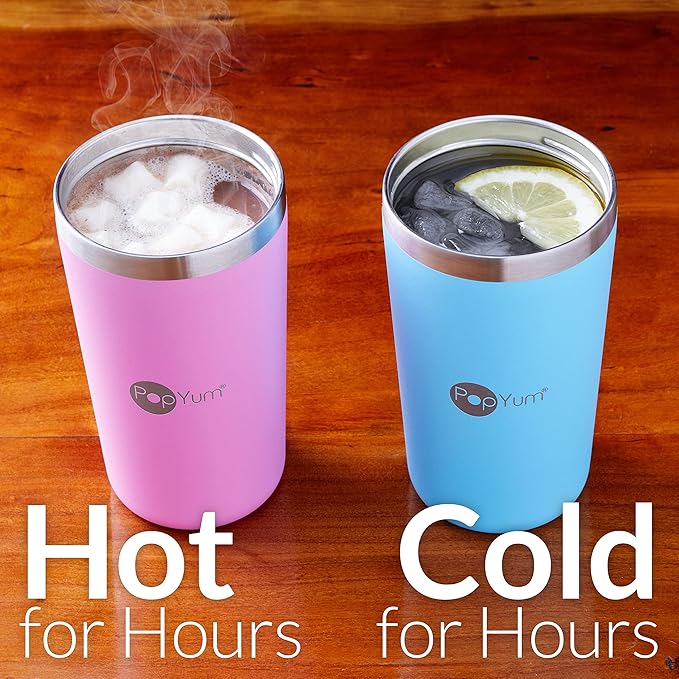 PopYum 13oz Insulated Stainless Steel Kids’ Cups with Lid and Straw, 2-Pack, Blue, Green, stackable, sippy, baby, child, toddler, tumbler, double wall, vacuum, leak proof