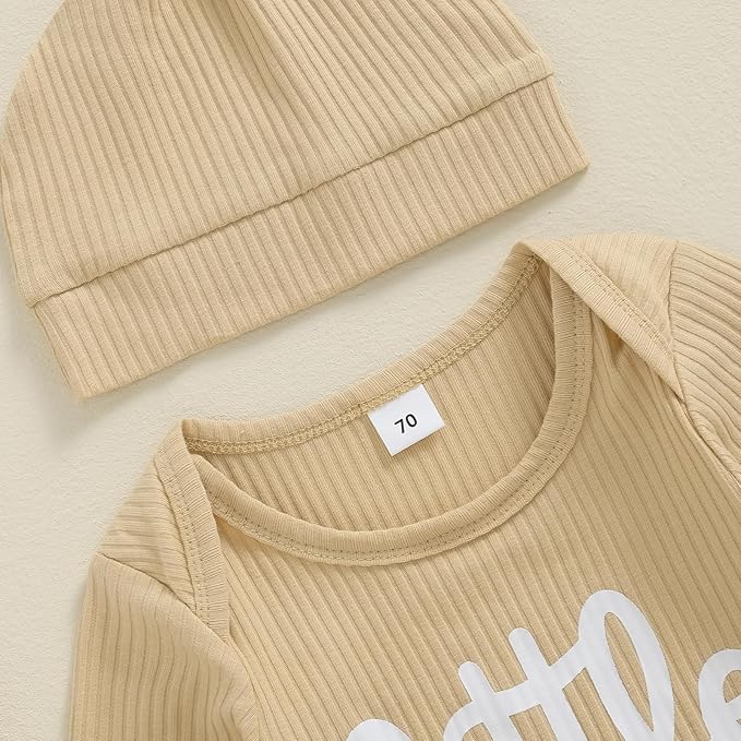 Fernvia Newborn Baby Boy Clothes Letters Print Bodysuit 3 6 9 12 18 Months Long Sleeve Jumpsuit with Hat 2PCS Outfits Set