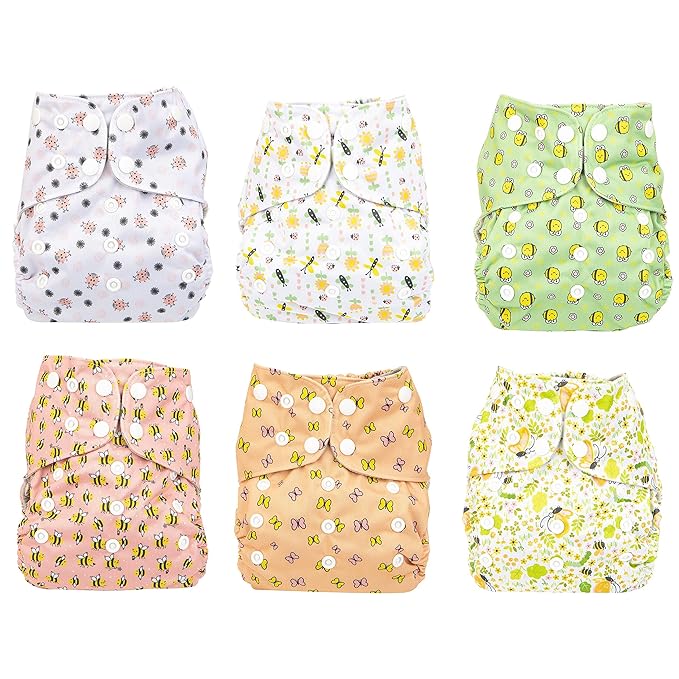 Simple Being Reusable Cloth Diapers, Double Gusset, One Size Adjustable, Washable Soft Absorbent, Waterproof Cover, Eco-Friendly Unisex Baby Girl Boy, six 4-Layers Microfiber Inserts (Bugs)