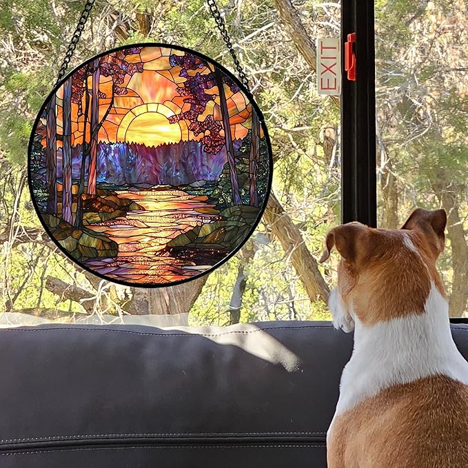 Stained Glass Window Hanging, Orange Landscape Green Purple Lake Forest Suncatcher for Doors Window Home Sun Catchers Decor Mother's Day Birthday Gifts for Women Men Mom 7.8 in