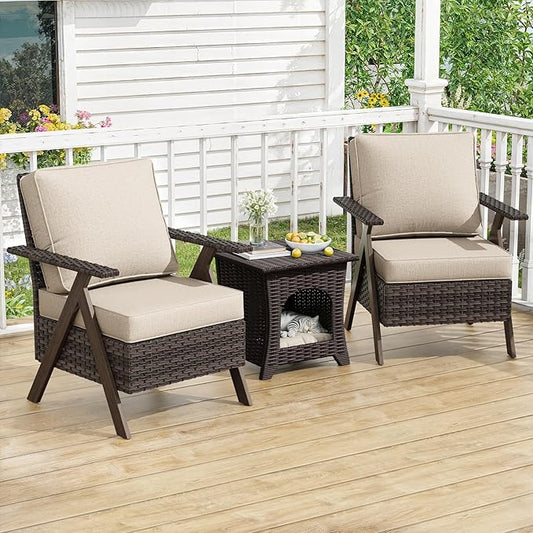 Patio Porch Furniture Chairs Set, 3 Pieces PE Rattan Wicker Chairs with Side Table, Outdoor Garden Furniture Sets for Garden Backyard Porch Poolside