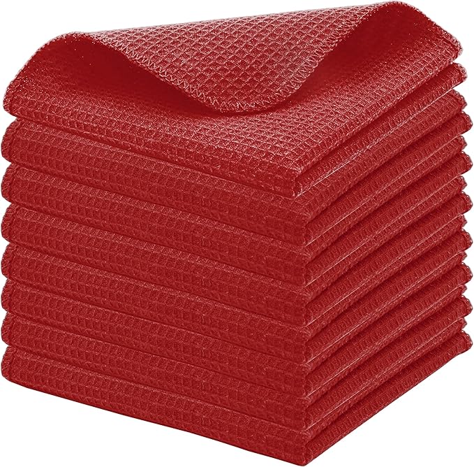 PurpleEssences Dish Cloths and Dish Rags - 8 Pack Waffle Weave Solid Kitchen Dish Wash Cloths, 100% Cotton, 12 x 12 Inches, Ultra Soft Absorbent Quick Drying Fall Thanksgiving - Red