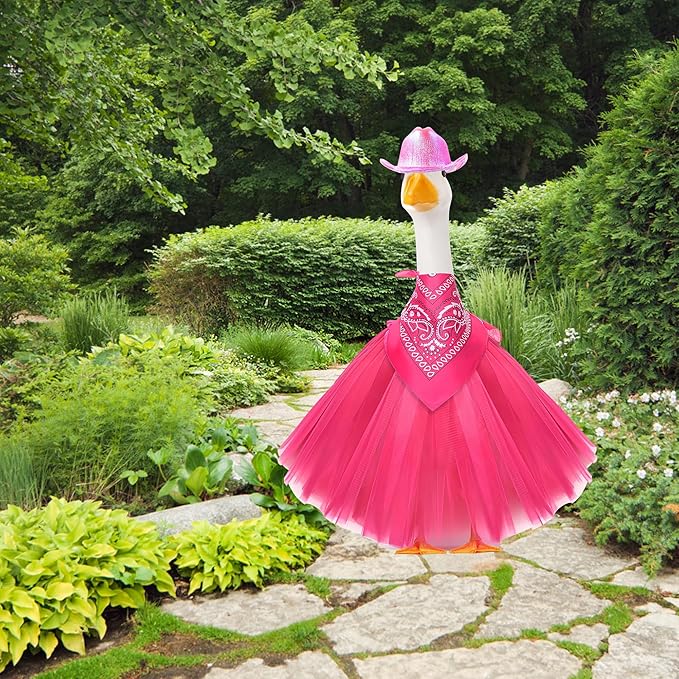 Porch Goose Outfits for 17" & 23" Lawn Goose – Pink Cowgirl Porch Goose Clothes Set with Skirt & Scarf – Western Goose Statue Outfit for Outdoor Porch Decoration