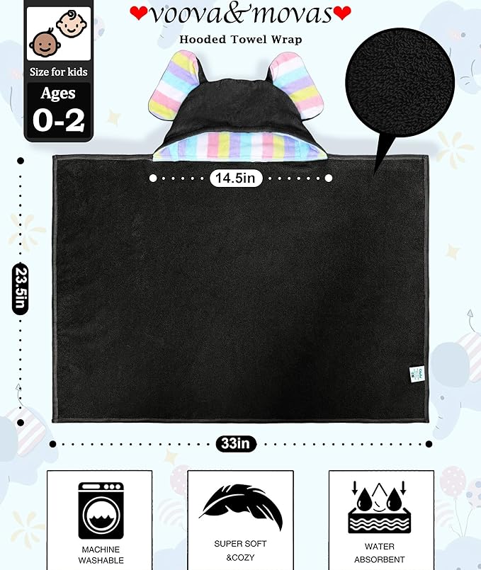 VOOVA & MOVAS Thick Baby Hooded Bath Towel - 100% Cotton,500GSM, 33x31.5 Inches,0-2Years, Super Absorbent Large Towel with Cute Elephant Ears Hood for Newborn, Baby, Infant, Baby Essentials,Black