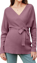 OUGES Womens Soft Cotton Blend Maternity Sweater Wrap V Neck Long Sleeve V Back Fall Shirts Pregnancy Outfits with Belt