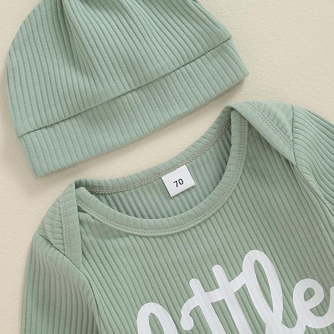Fernvia Newborn Baby Boy Clothes Letters Print Bodysuit 3 6 9 12 18 Months Long Sleeve Jumpsuit with Hat 2PCS Outfits Set
