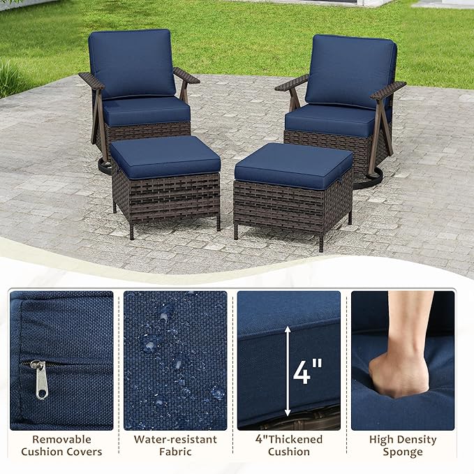 Outdoor Swivel Rocker Chairs Set of 4, Wicker Swivel Patio Chair with Ottomans, Patio Furniture Set for Outside Backyard