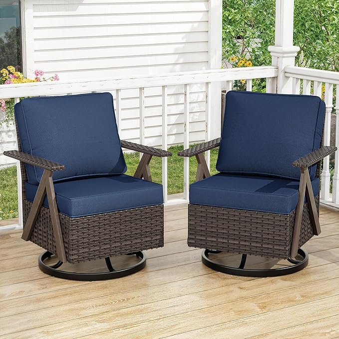 Outdoor Wicker Swivel Chairs Set of 2, Patio Furniture Set with 360 Degree Wicker Swivel Rocking Chairs with Metal Frame and Deep Seating