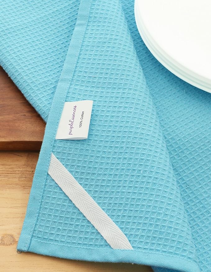PurpleEssences Waffle Weave Kitchen Towel, 100% Cotton - 15 x 25 Inches, with Hanging Loop Ultra Soft Absorbent Quick Drying Dish Cloth, Tea and Hand Towels, 6 Pack - Fall Thanksgiving - Aqua Blue
